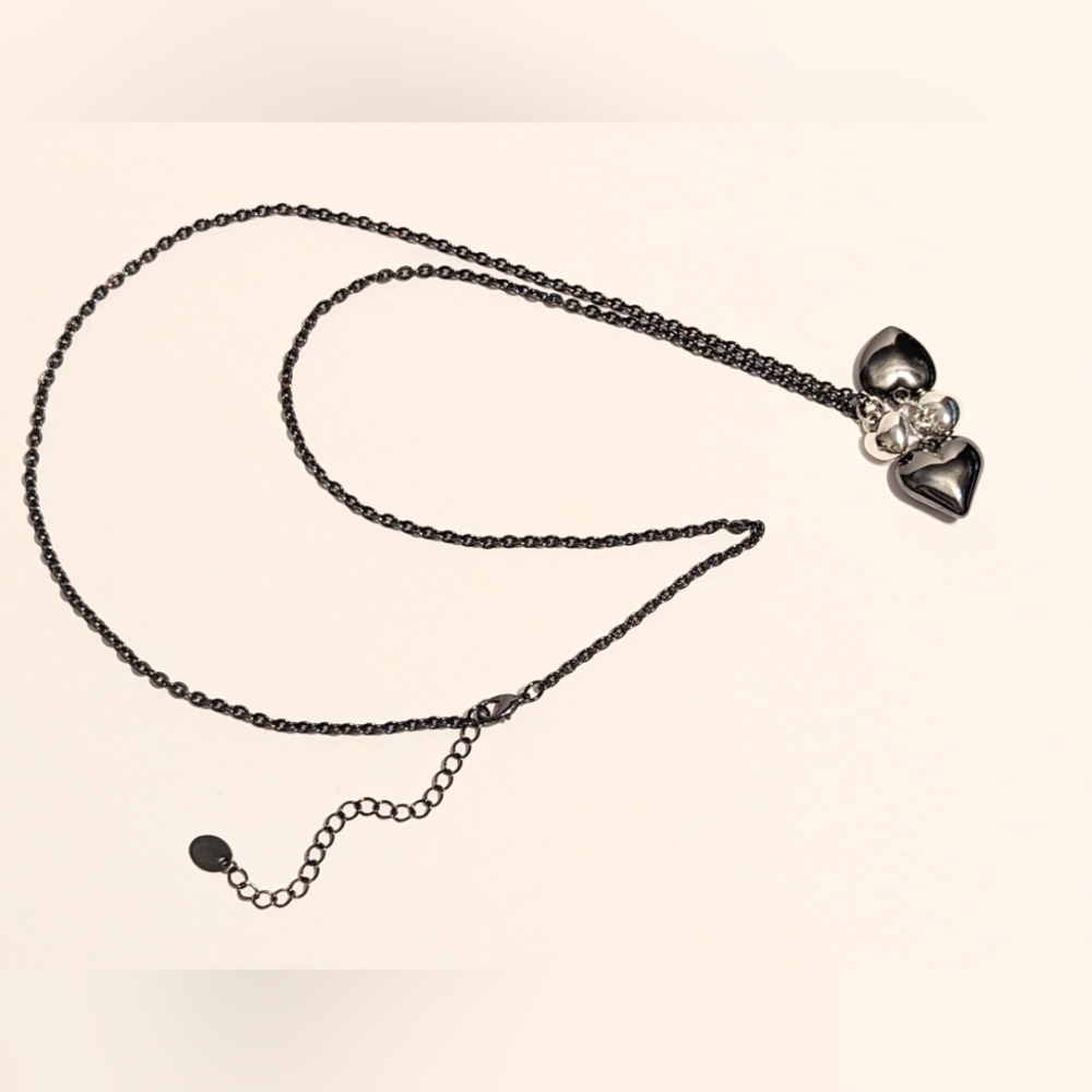 Black& Silver-toned Stainless Steel Heart Cluster Long Necklace